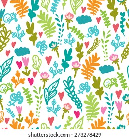 bright cute seamless vector pattern with plants and hearts and animal. Panda and rabbit.