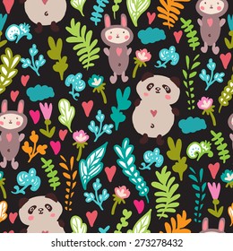 bright cute seamless vector pattern with plants and hearts and animal. Panda and rabbit.