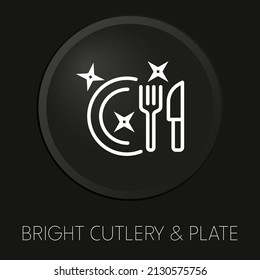 Bright cutlery  plate minimal vector line icon on 3D button isolated on black background. Premium Vector.