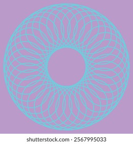 A bright cyan spirograph-like geometric mandala design intricately arranged on a light purple background, perfect for modern digital art lovers.