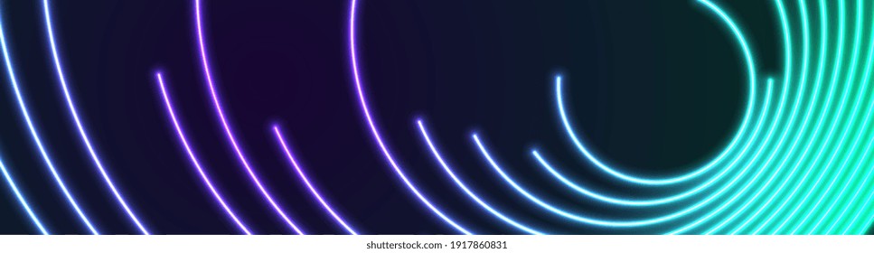 Luminosas líneas circulares de neón cian y violeta abstractas líneas de banner de tecnología. Fondo vectorial de brillo futurista