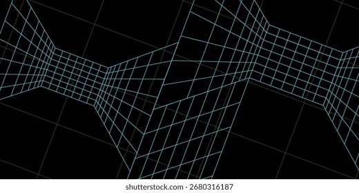 Rejilla de estructura de alambre cian brillante en negro, creando un túnel retorcido y futurista con sutiles lineamientos dorados. Una tecnología digital y visual abstracto.