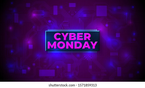 Bright cyber monday banner. Cyber monday sale flyer. Special offer price sign. Modern vector design promotion poster, web banner. Technology neon background
