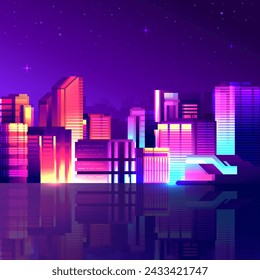 Bright cyberpunk city at night. Dark futuristic modern neon background.