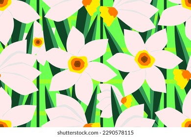 bright daffodils spring flowers. fashionable seamless botanical vector pattern for design and decoration