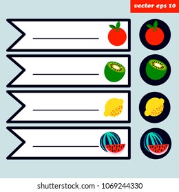 Bright daily notepad planning page stickers. Vector colored fruits, can be used as reminders for planners and diary, cooking menu list, notepad, label, note.