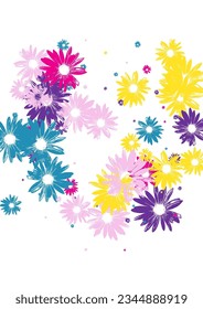 Bright Daisy Background White Vector. Petal Pretty Backdrop. Pink Plant Artistic. Present Card. Handsome Multi-colored Garden.