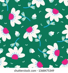 Bright daisy flower bloom seamless pattern. Stylized retro floral all over print. Pretty modern feminine fashion style. Trendy scrapbooking paper, wallpaper, garden stationery backdrop. Green, pink