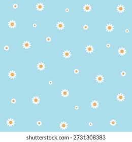Bright Daisy Flower Seamless Pattern on Vivid Blue Background, Vector Editable Illustration