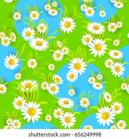 Bright daisy seamless pattern. Summer or spring template for design banner, ticket, leaflet, card, poster and so on.