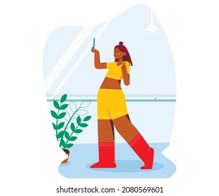 The bright dancer takes a selfie. Vector illustration.