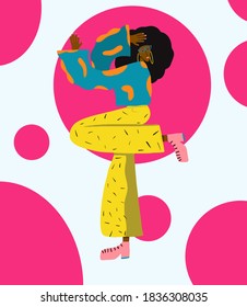 bright dancing girl with tile disco with afro on the background of big pink circles