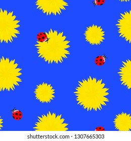 Bright Dandelion yellow flowers with red ladybugs seamless pattern. Spring or summer floral pattern on blue background