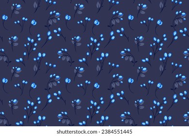 Bright dark blue abstract seamless pattern. Vector hand drawn stylized tiny branches leaves with drops, dots, spots. Template for design, textile, fashion, print, surface design, fabric, wallpaper