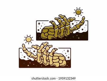 Bright and dark brown color of skeleton hand holding a sun design