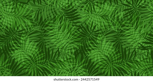 Bright dark and light green tropical seamless pattern with overlap mess of ink hand drawn fern leaves. Exotic plants print for textile, wrapping paper, surface, wallpaper, background