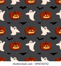 Bright dark pattern with pumpkins, ghosts and bats. Festive autumn decoration for Halloween. Holiday October background for paper print, textile and design