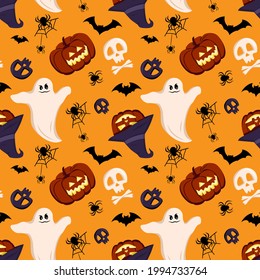 Bright dark pattern with pumpkins, ghosts, skulls, bats and spiders. Halloween festive autumn decoration. October holiday background for paper print, textile and design