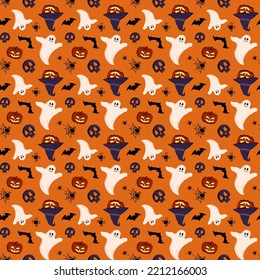 Bright dark pattern with pumpkins, ghosts, skulls, bats and spiders. Halloween festive autumn decoration. October holiday background for paper print, textile and design. Vector flat illustration.