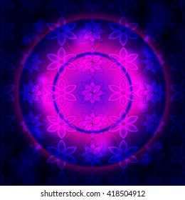 Bright dark purple background image of violet flowers and openwork mesh in radial gradients. vector illustration. for holiday design, postcards, presentation