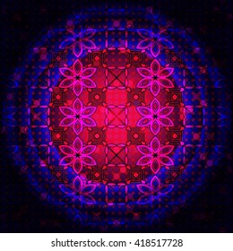 Bright dark purple background image of violet flowers and openwork mesh in radial gradients. vector illustration. for holiday design, postcards, presentation