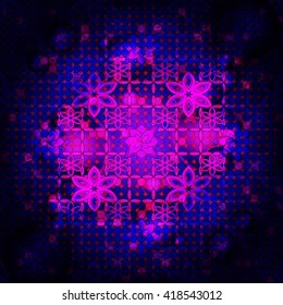 Bright dark purple background image of violet flowers and openwork mesh in radial gradients. vector illustration. for holiday design, postcards, presentation