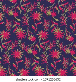 Bright dark seamless pattern with hand drawn overlapping red and green inky flowers and leaves on black background. Trendy chinese ink floral texture for textile, wrapping paper, surface, wallpaper