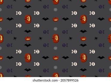 Bright dark seamless pattern with pumpkins, skulls, bats and spiders. Festive autumn decoration for Halloween. Holiday October background for paper print, textile and design