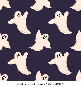 Bright dark seamless pattern with white ghost with eyes and a grin on a dark background. Festive autumn decoration for Halloween. Holiday October background for paper print, textile and design