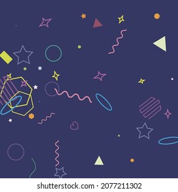 Bright Dark Violet Yellow Orange Green Geometry Illustration. Pink Circle Ring Blue Polygonal Colorful Zigzag Hipster Background. Hearts Red Oval Pastel Lime Square Simple Background.