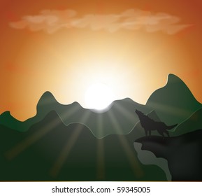 Bright dawn against mountains and the lonely wolf standing on the brink of a rock