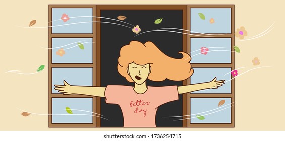 Bright day and fun illustration. Girl with hapiness and smile image vector. Eps 10