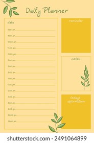 Bright day planner with illustrations of plants. Contain a section for schedule, notes, reminders and daily affirmations