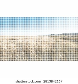 Bright daytime landscape in stylized pixel art form. Blue and yellow diamond grid representing vast horizon and clouds.