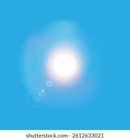 Bright, dazzling sun with glare in the clear blue sky, radiating warmth and light. Symbol of energy and life. EPS10 vector illustration.