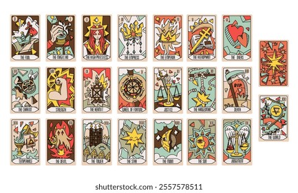 bright deck of Tarot cards. Part the set of senior arcana. Handmade vector style with engraving. Occult and alchemical symbolism. Fool, magician, high priestess, Empress, Emperor, lovers, hierophant