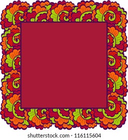 Bright decor frame. Orange green red curls. Vector illustration.