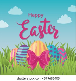 Bright decorated Easter eggs in grass with a headline "Happy Easter". Vector illustration for a banner, poster, greeting card. 
