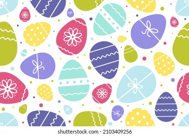 Bright Decorated Easter eggs on white background, seamless pattern. Easter background. Design for textiles, packaging, wrappers, greeting cards, paper, printing. Vector illustration