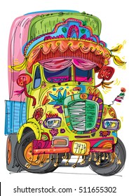 bright decorated indian truck painted with traditional patterns - cartoon