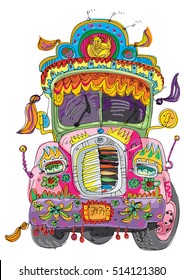 bright decorated indian truck painted with traditional patterns - cartoon