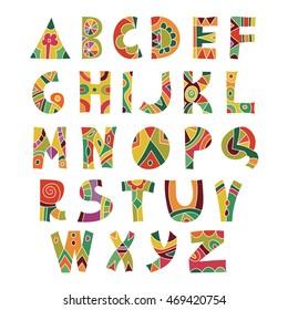 Bright decorative ABC. Hand drawn alphabet. English abc. Colorful letters. Isolated. White background. Flat design. Vector illustration