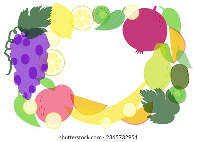 Bright decorative background with fruits with effect watercolor paintings. Frame with set of translucent overlapping shapes.