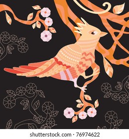 Bright decorative bird sitting on a flowering branch