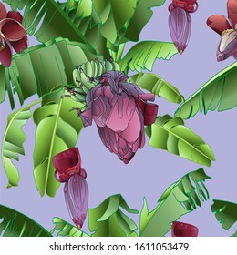 Bright decorative composition with a flowering banana. Exotic seamless pattern on a blue background. Vector illustration.