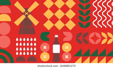 Bright and decorative composition of pizza slices, abstract sauce shapes, and food icons on cream. Perfect for fun food themes and branding visuals.