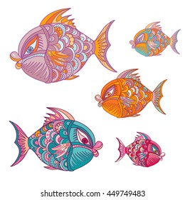 Bright decorative fish hand drawn vector. Illustration is suitable for creating your own patterns, backgrounds, cards, invitations, decorating websites and for the realization of other design ideas. 