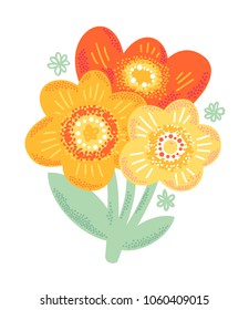 Bright decorative hand drawn flowers bouquet. Red, orange, yellow flowers. Three flowers. Vector, isolated. 