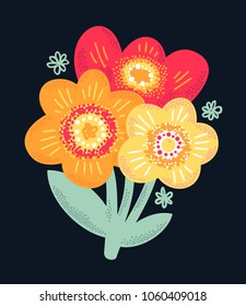 Bright decorative hand drawn flowers bouquet. Red, orange, yellow flowers. Three flowers. Vector, isolated. On dark blue background