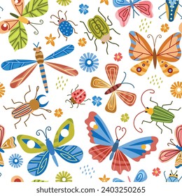 Bright decorative insects. Repeated colorful flying and crawling creatures, butterflies, beetles and dragonflies, seamless vector pattern.eps
